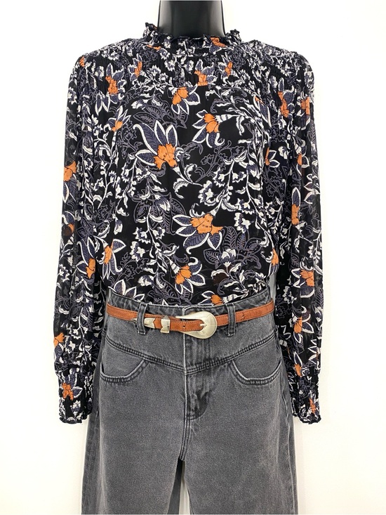 B. Copenhagen Tops - B. Copenhagen Floral Smocked Neck Sheer Blouse Black Burnt Apricot Paisley US M